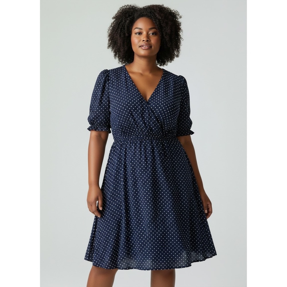 LOFT Dress Womens 14P Petites Polka Dot Navy Blue Short Sleeve V-Neck Excellent